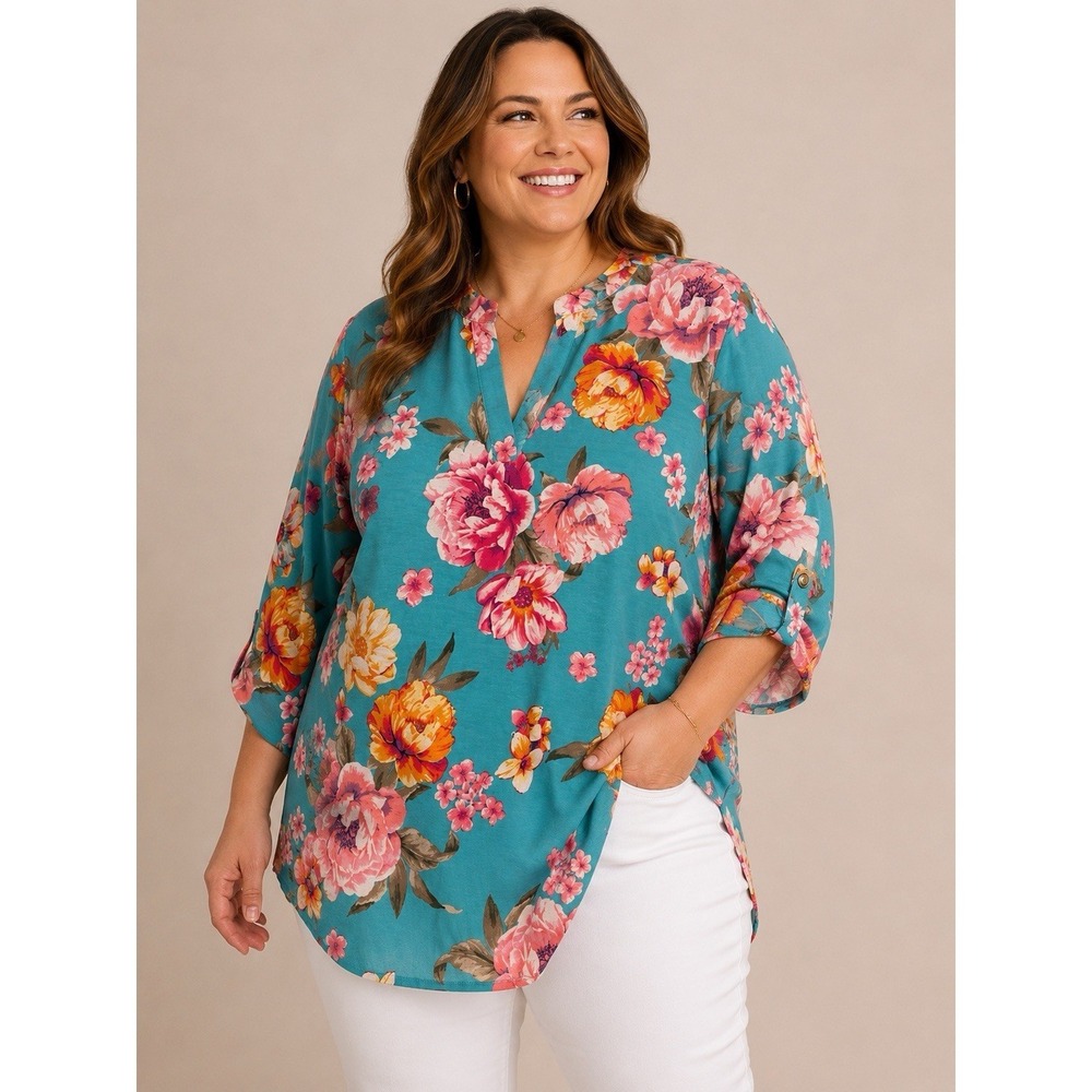Dear Scarlett Plus Size Women's Top Blouse XL Will Fit  1X Teal Pink Yellow NWT